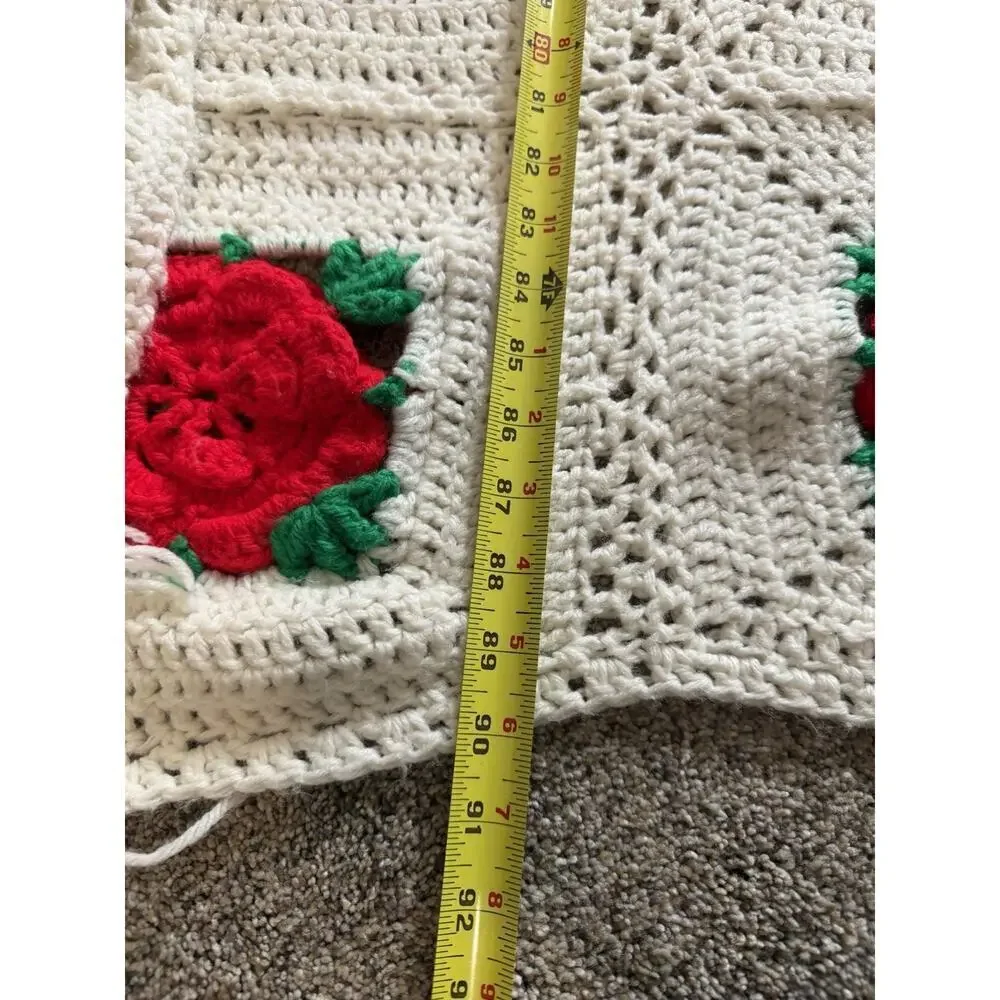 Vintage Handmade Crochet Afghan Blanket Red Roses Flower Throw XL 90in X 80in